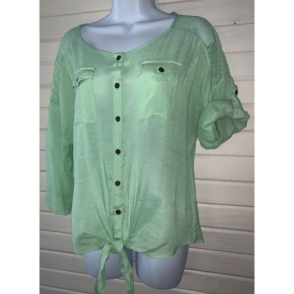 Live And Let Live Sz MEDIUM Tie Hem Tunic Top Rayon Aqua Green Lace Detail EUC - Picture 2 of 10